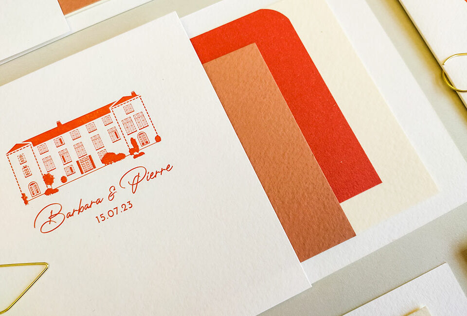 Faire-part de mariage moderne avec illustration de château – Letterpress en relief terracotta et ivoire - Poppypress