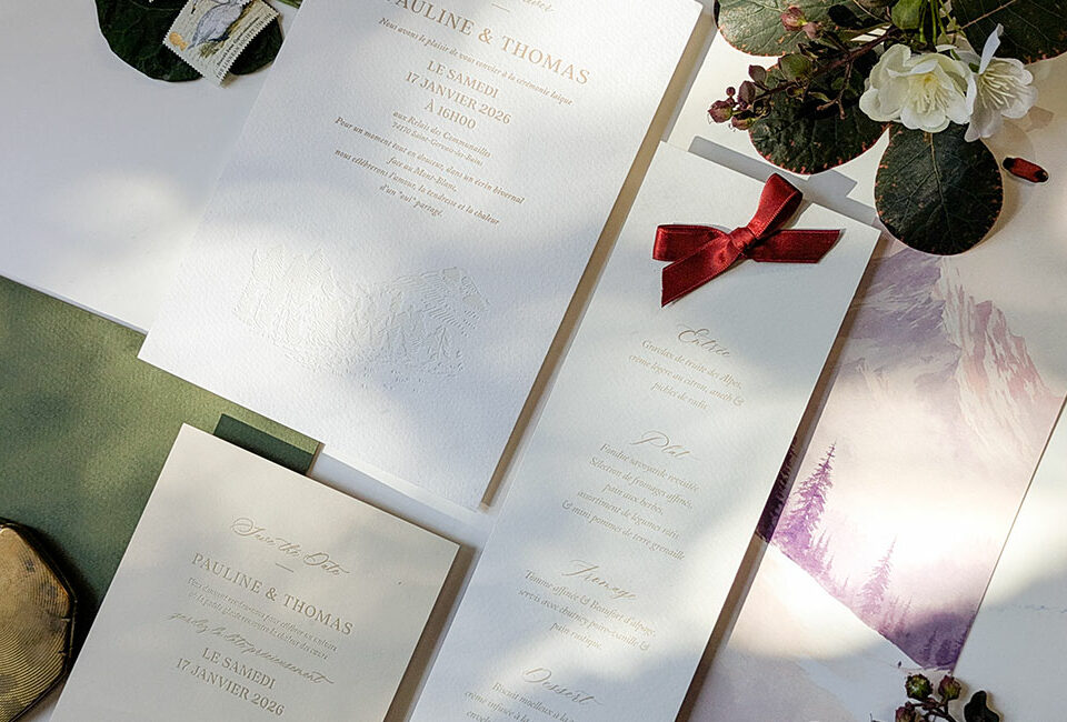 Faire-part de mariage hiver en papier coton crème avec dorure satinée